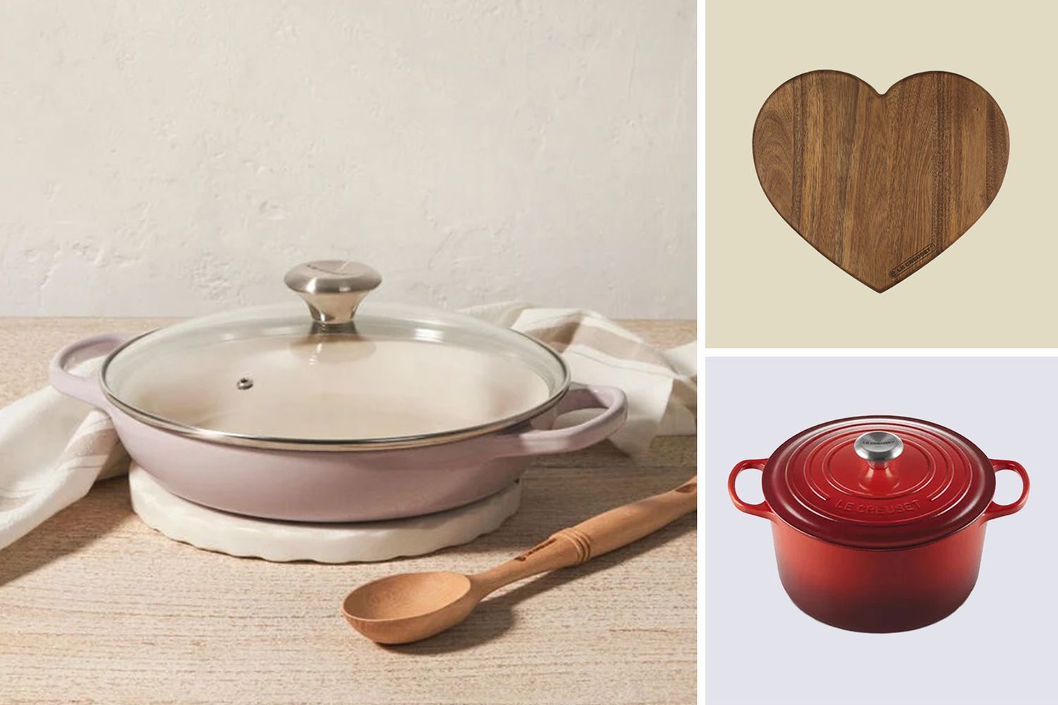 A cookware set including a pan with a lid a red Dutch oven and a heartshaped wooden board