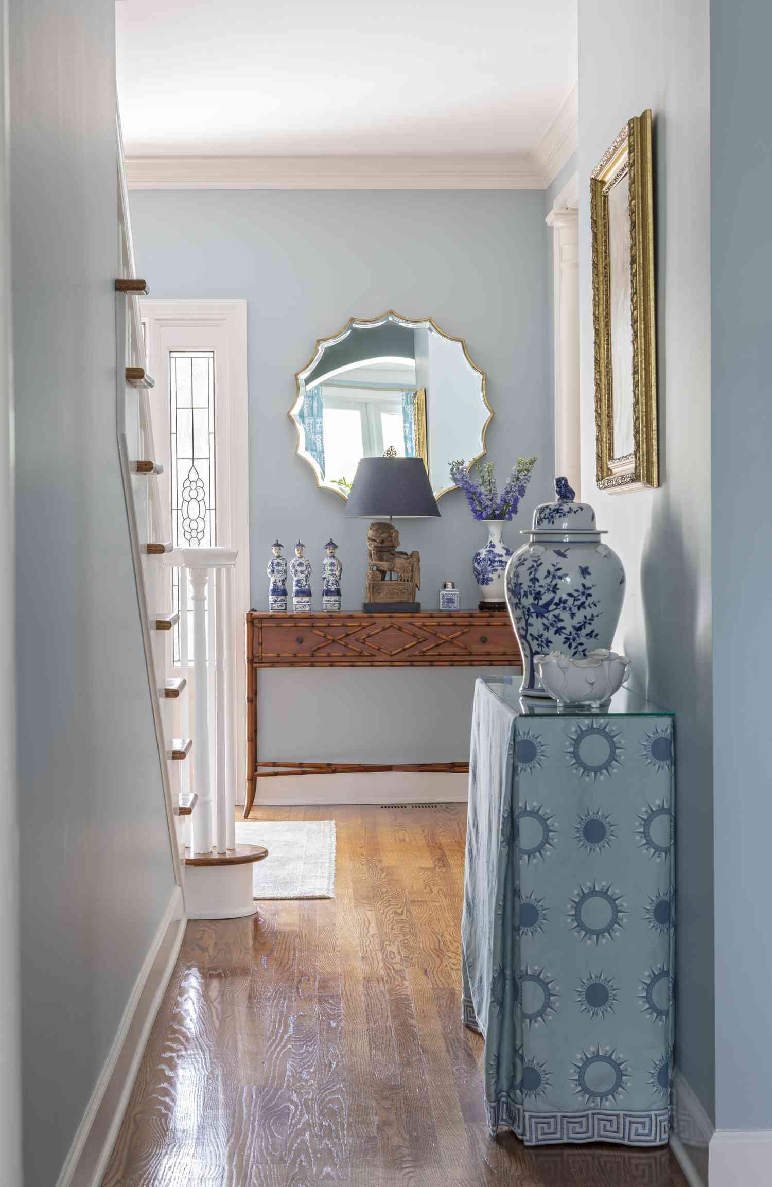 blue hallway with gold frame 