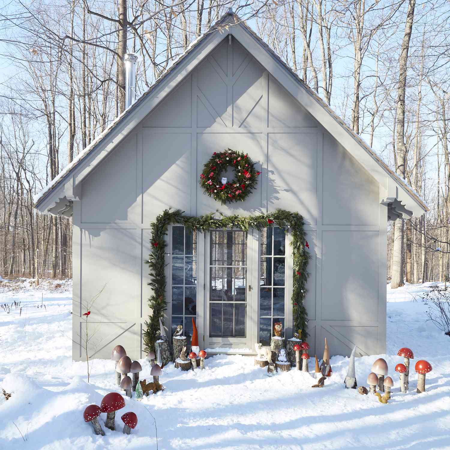 Garland on a front door in the snow