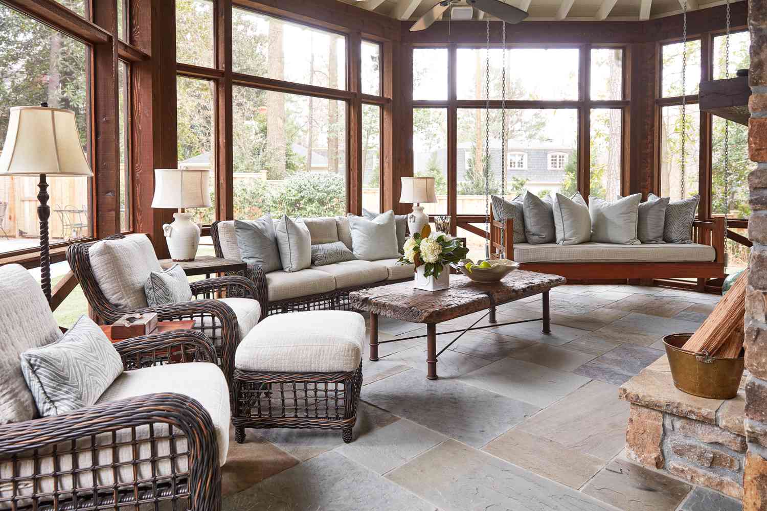 Enclosed porch with natural textures