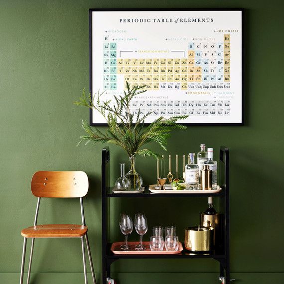 A bar cart with glassware and bottles, a chair, and a periodic table poster