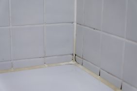 Corner of a tiled shower with visible caulk and some mildew