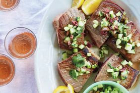 overhead view of tuna with relish and rose wine