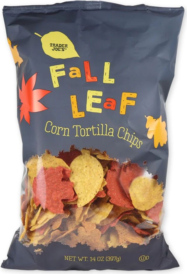 Bag of corn tortilla chips labeled Fall Leaf by Trader Joes
