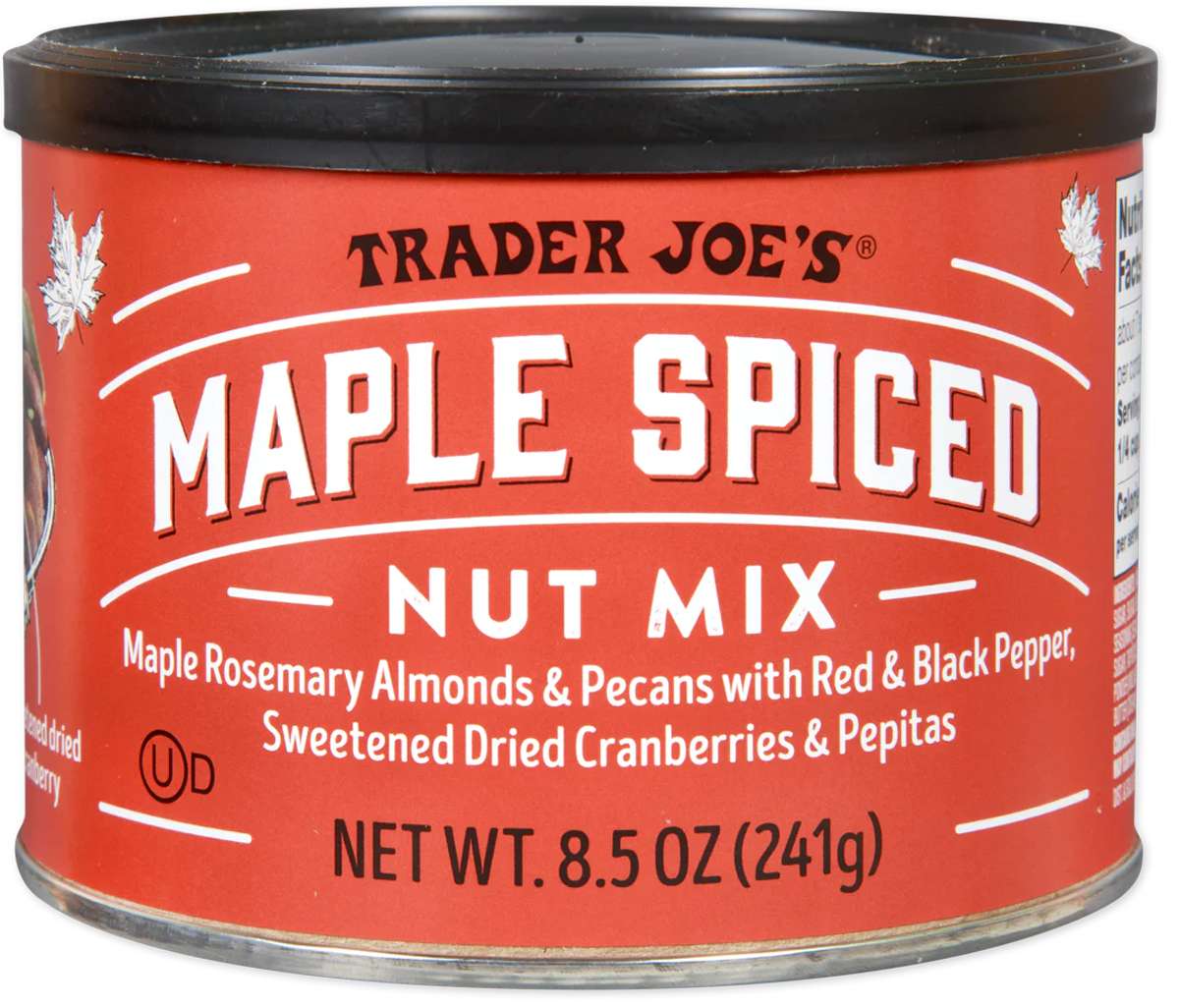 Trader Joes Maple Spiced Nut Mix container displaying product name and ingredients like almonds pecans cranberries and pepitas