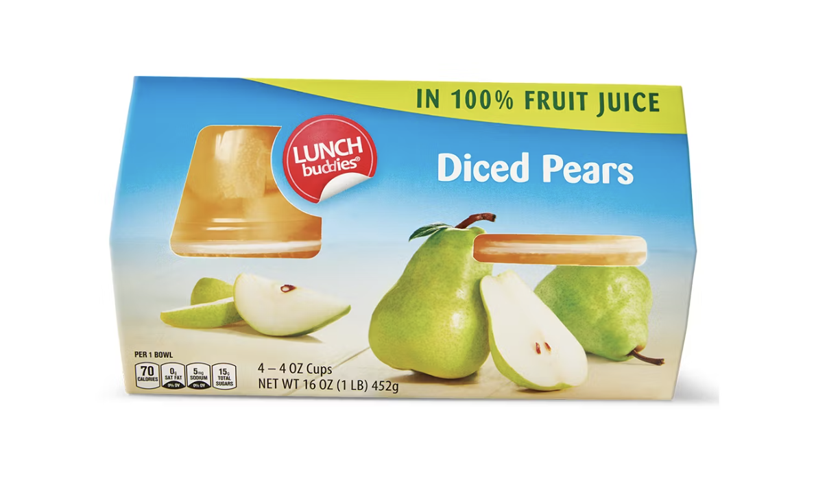 Pack of diced pears in fruit juice with packaging showing pears and pear slices