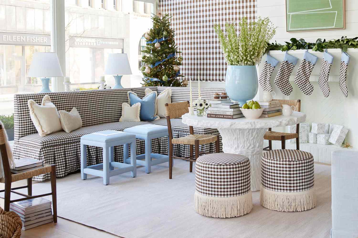 a gingham room with christmas stockings