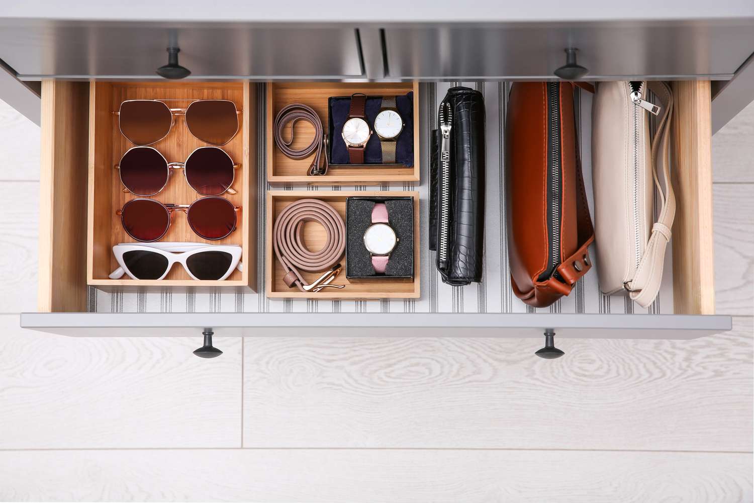 Closet accessories drawer with watches and bags