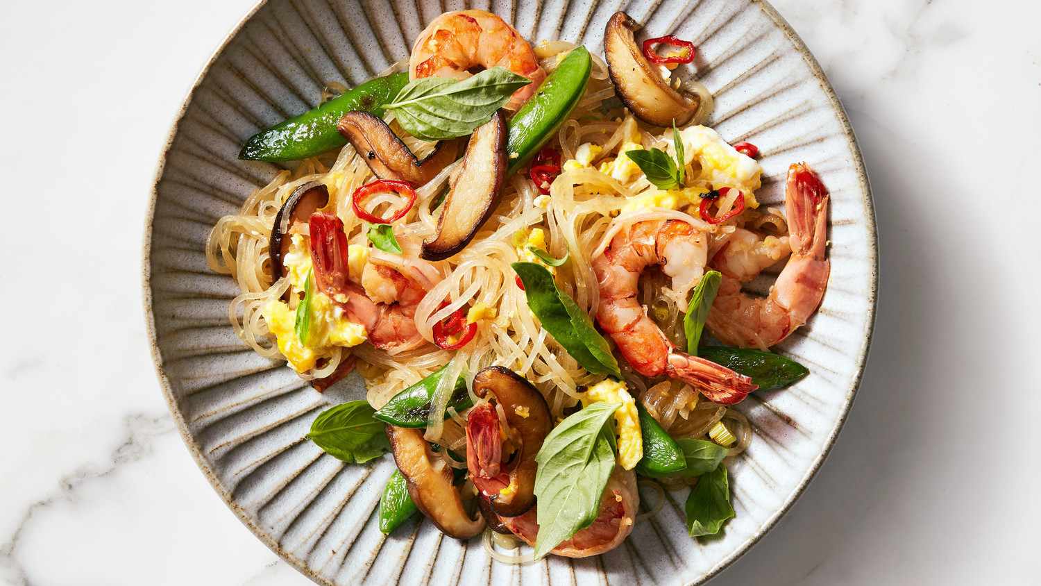 shrimp basil glass noodle stir fry