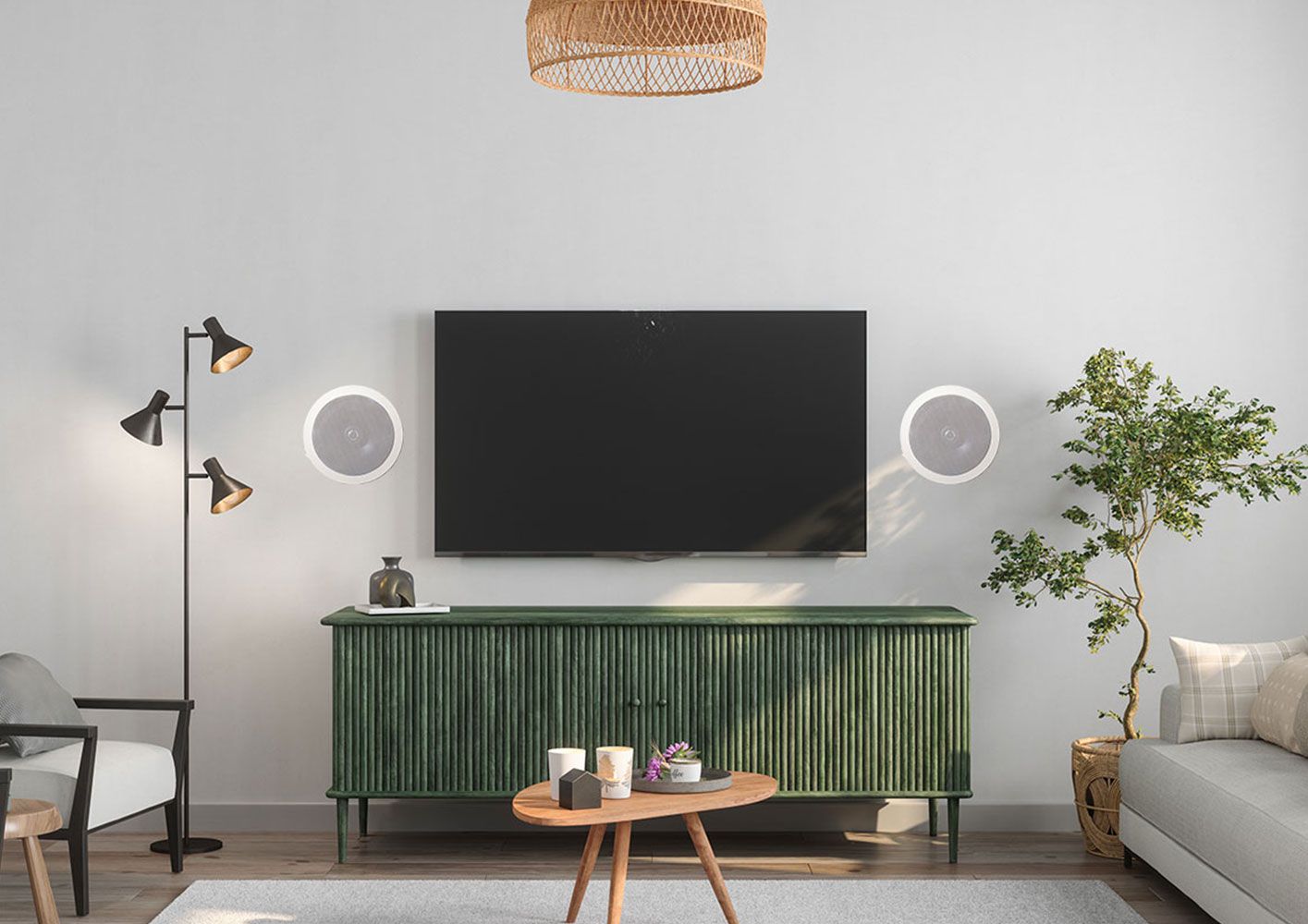 Living room with built-in surround sound speakers