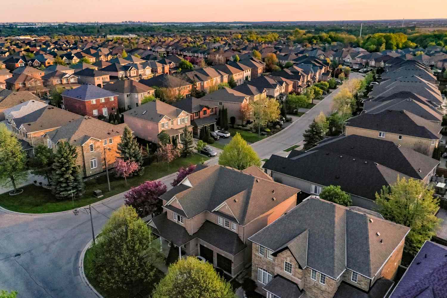 Aerial view of houses in a neighborhood. 