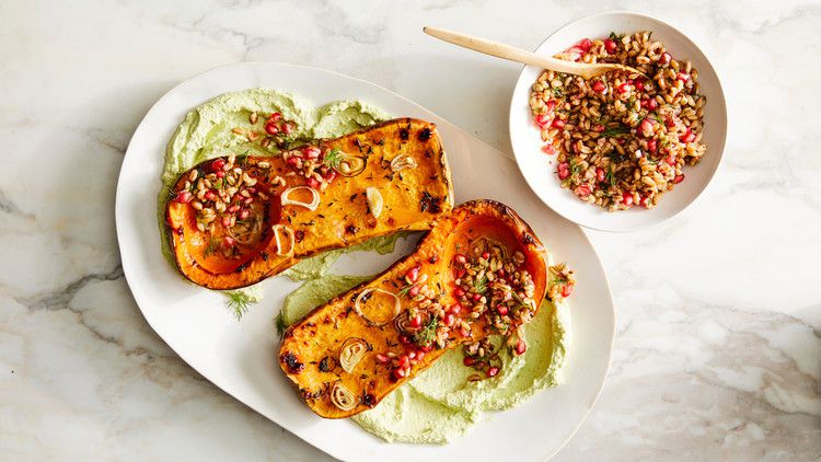 butternut-squash roast with pistachio yogurt and grain relish