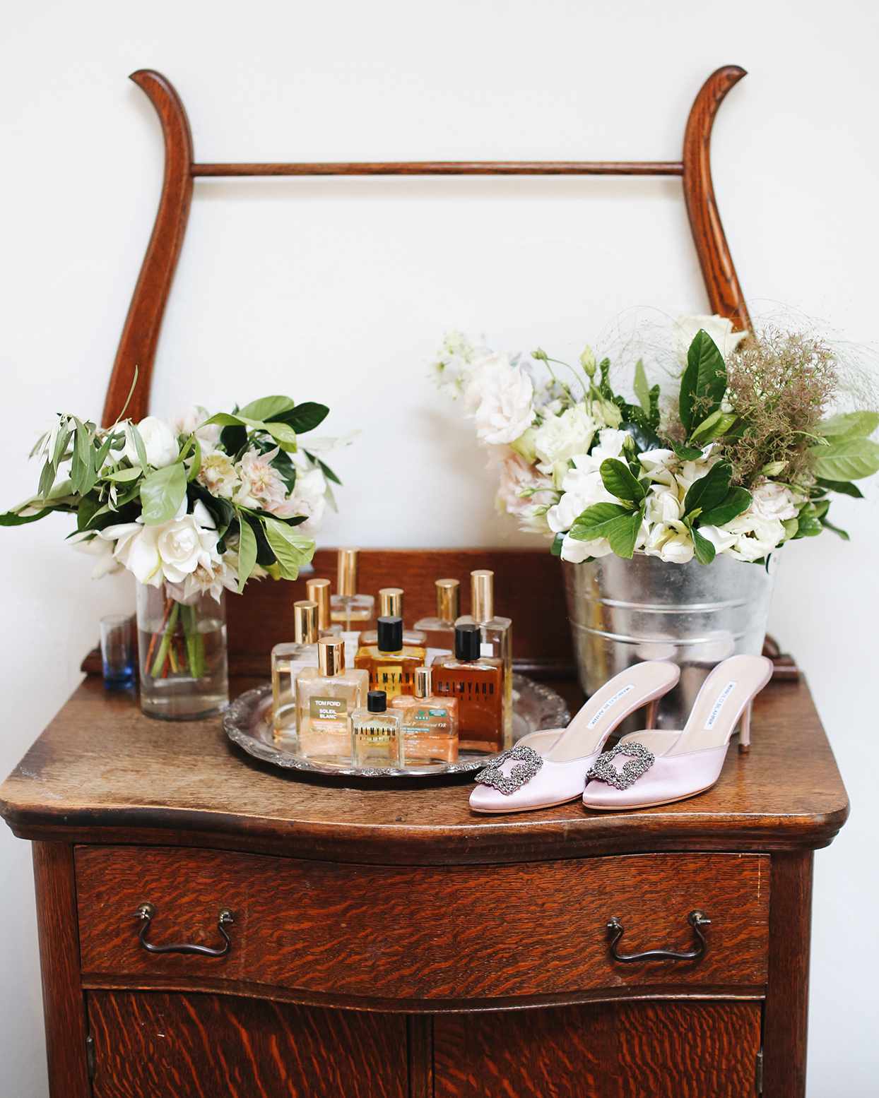 pia davide wedding bride's shoes on wooden dresser
