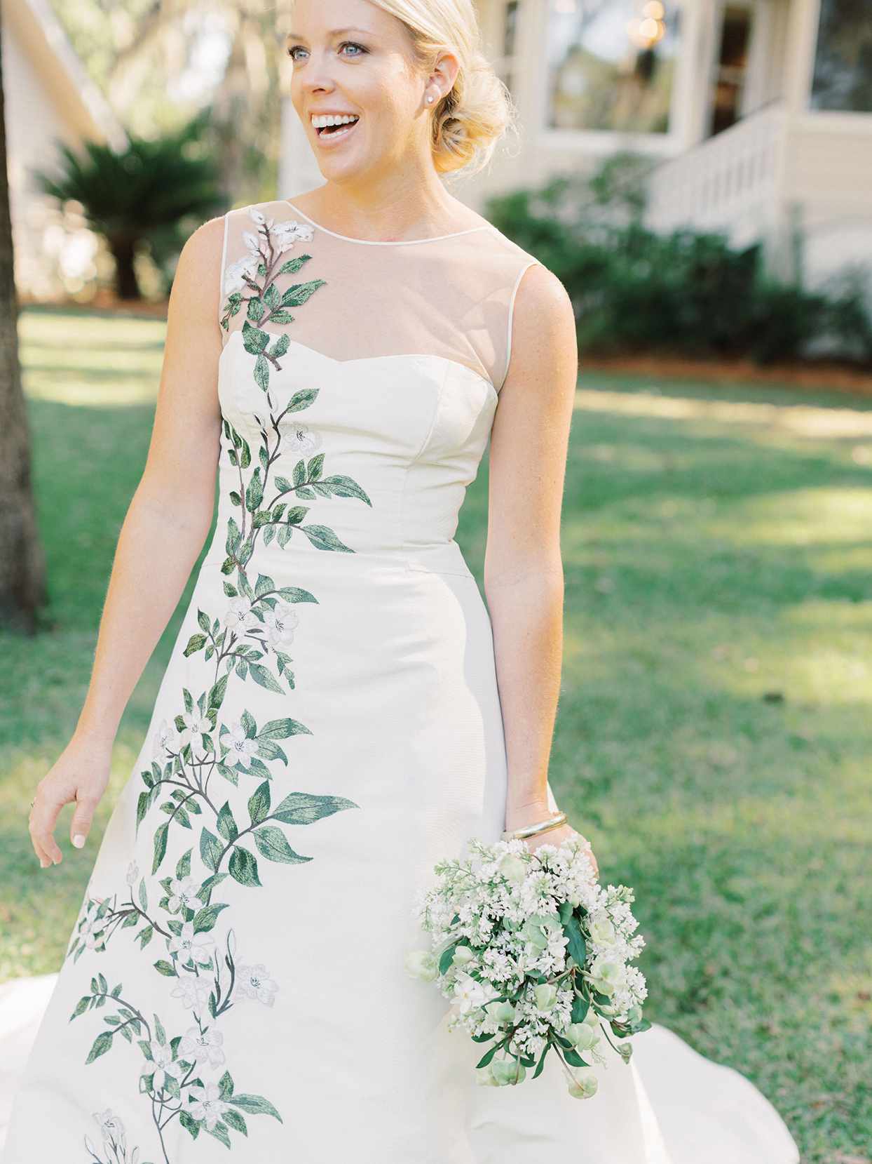 megan parking wedding bride in white dress with vining floral pattern