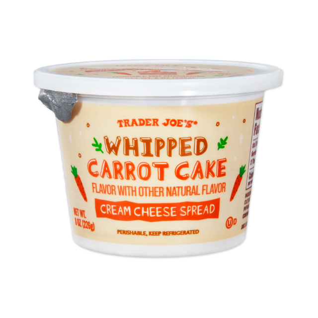 A tub of Trader Joes whipped carrot cake flavored cream cheese spread
