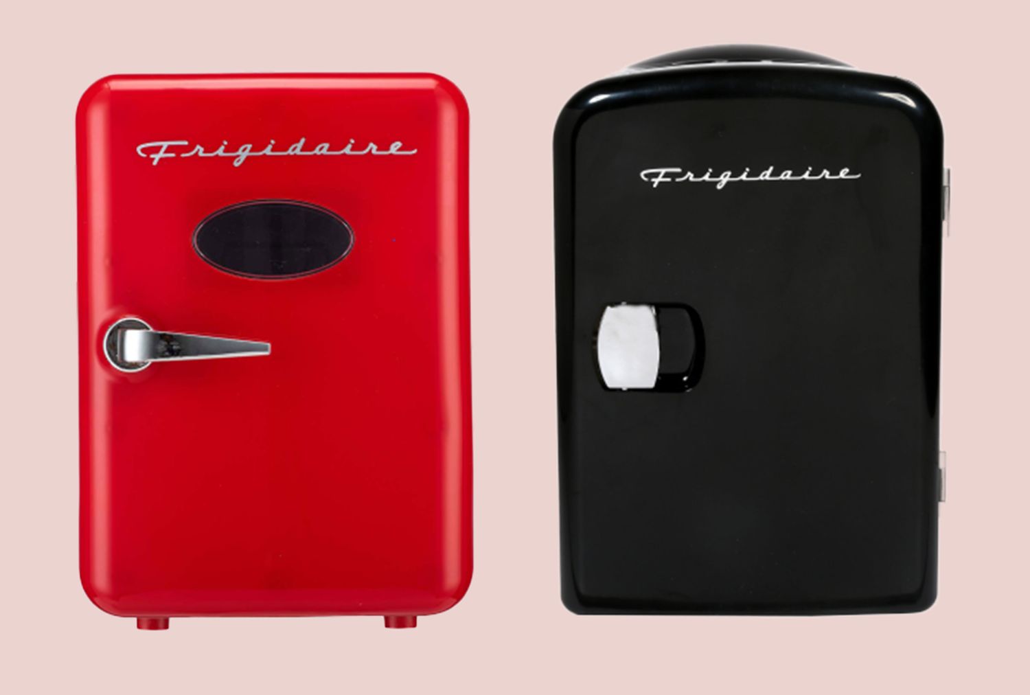 Two compact Frigidaire brand retrostyle refrigerators side by side