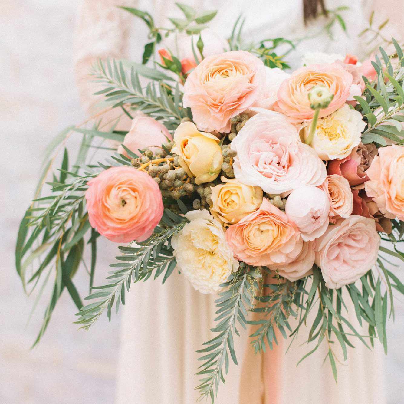 Ranunculus bouquet in peach and soft hues