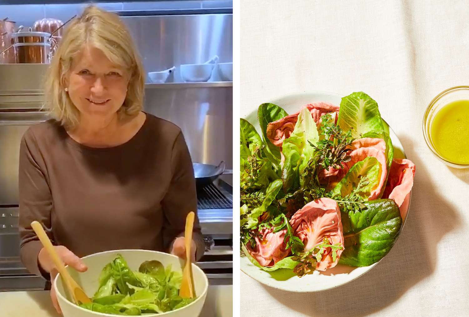 decorvow holding a salad bowl, salad greens with vinaigrette on the side