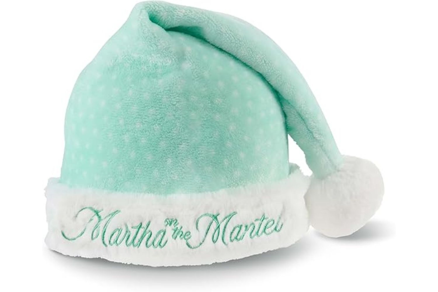 Green Santa hat with the words Martha on the Mantel embroidered on the brim