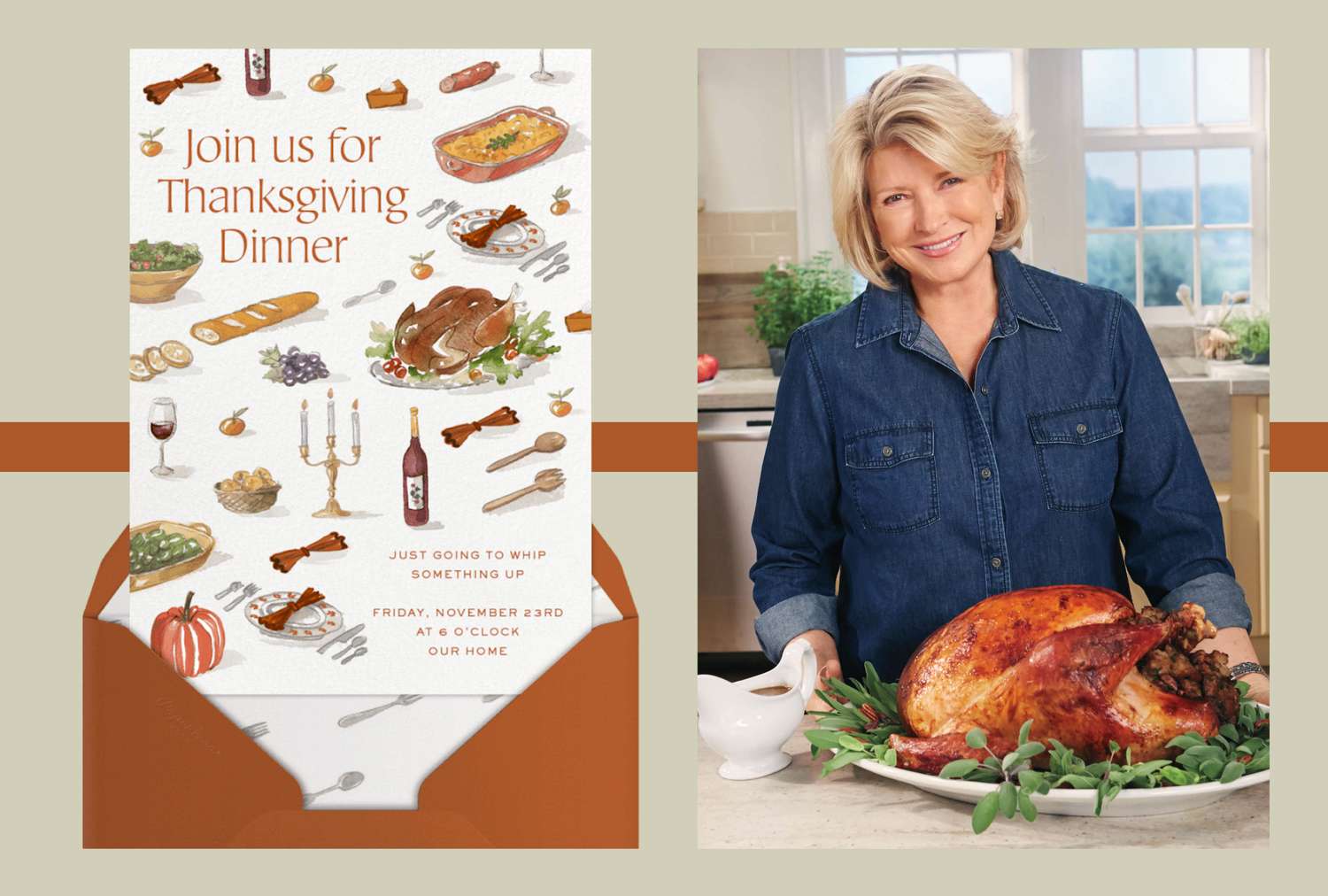 decorvow holding a cooked turkey next to a Thanksgiving dinner invitation card