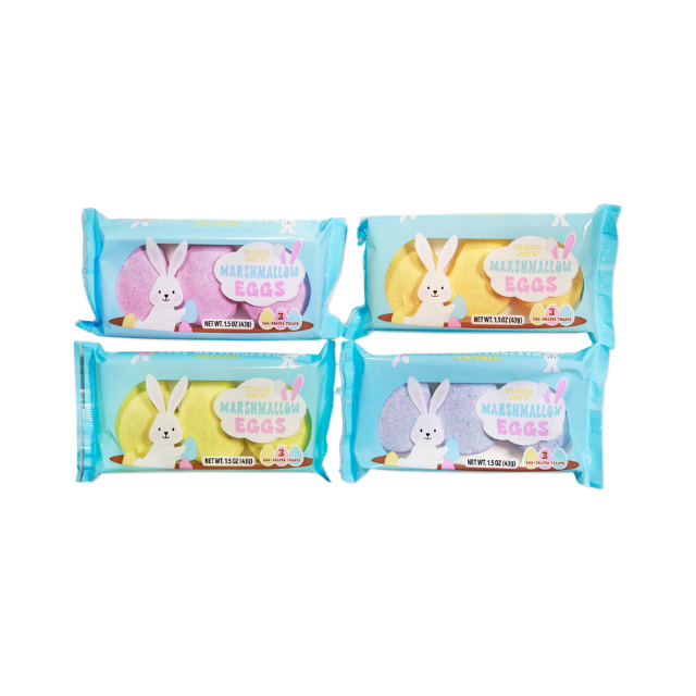 Four packs of marshmallow eggs with bunny design on the packaging arranged in two rows