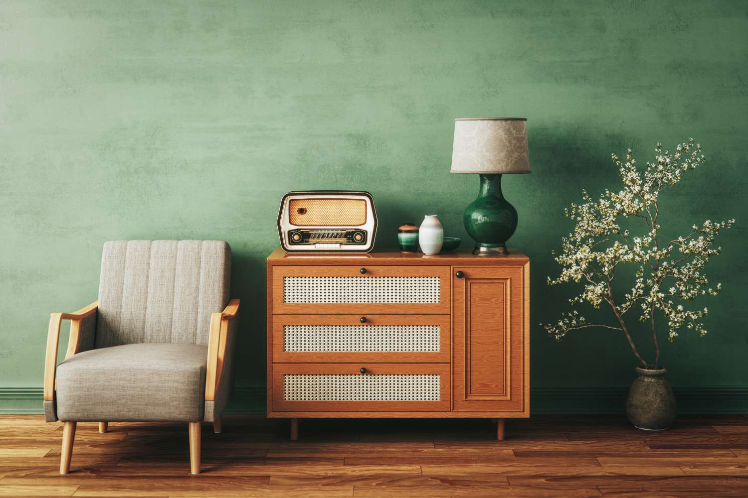A midcentury modern interior with a chair a radio on a sideboard and a lamp