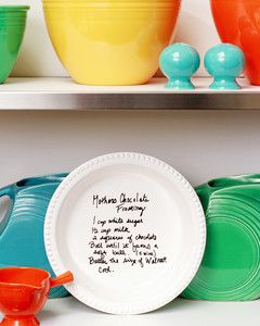 handwritten recipe on pie plate on shelf