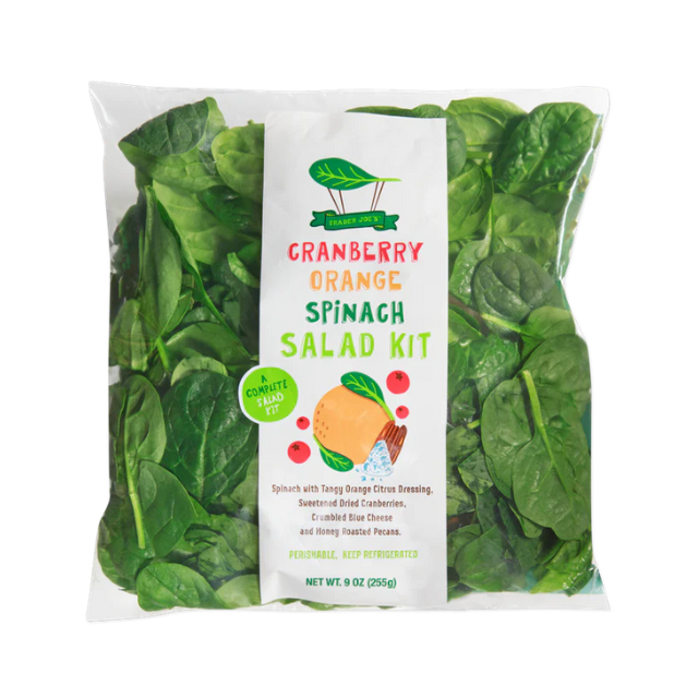 Salad kit packaging labeled Cranberry Orange Spinach Salad Kit featuring spinach