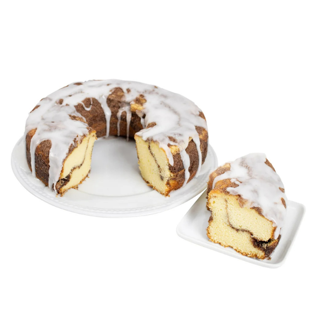 Bundt coffee cake with a slice on a plate