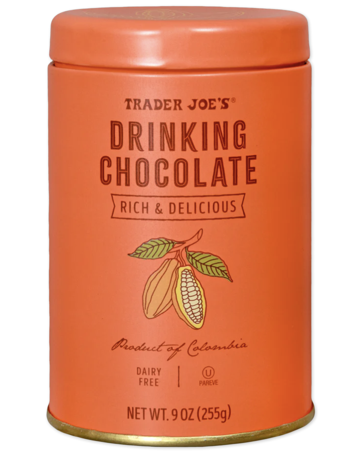 Trader Joes drinking chocolate container labeled rich and delicious