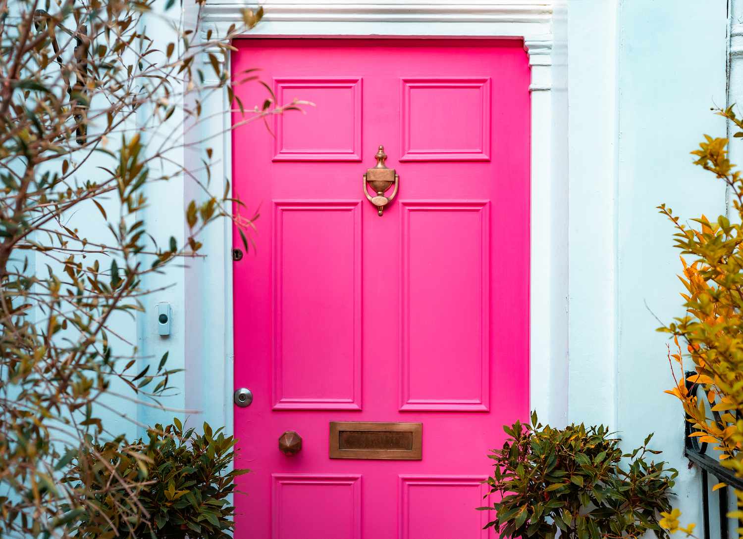 hot pink front door to a home