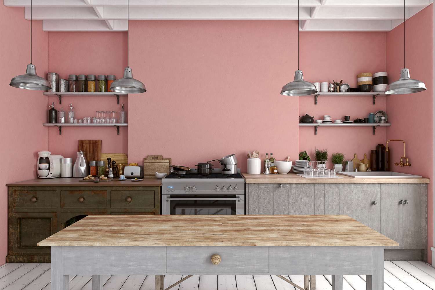 pink kitchen with gray cabinets