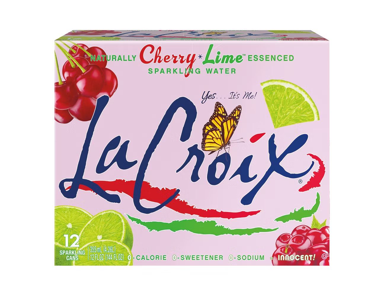 A 12pack of LaCroix Cherry Lime sparkling water with fruit images and branding on the packaging