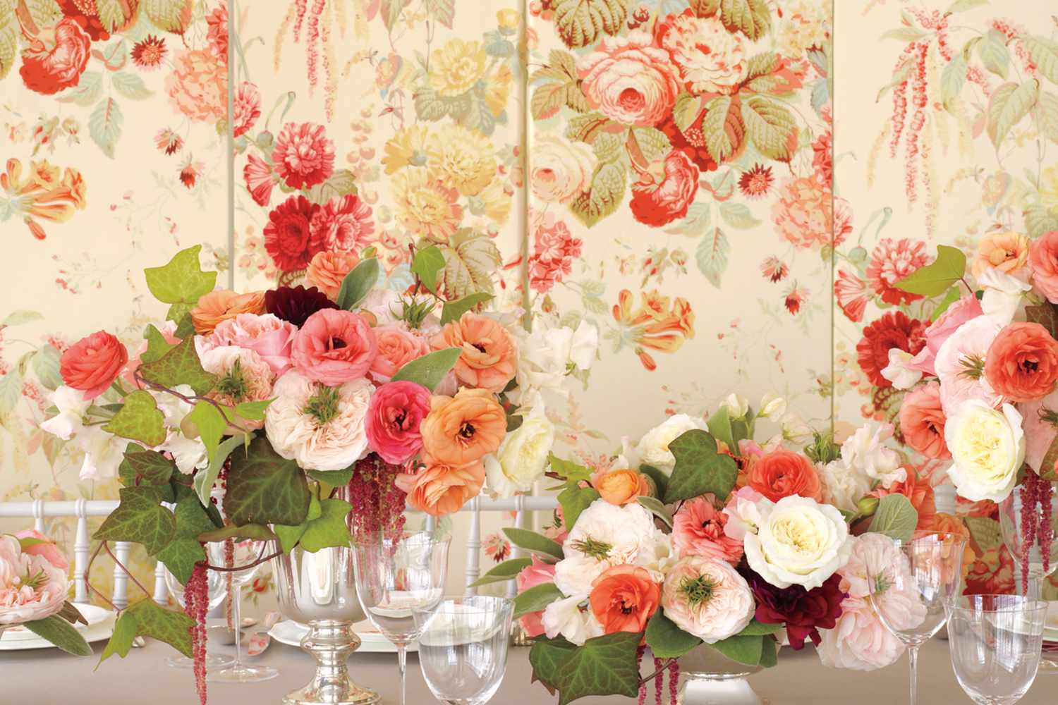 Floral arrangements with patterned backdrop