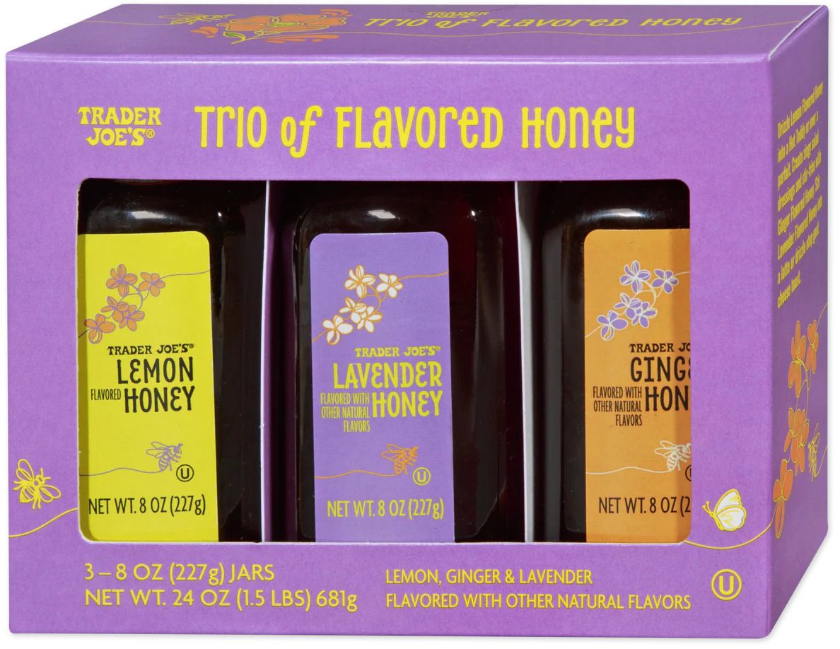A packaging of Trader Joes trio of flavored honey including lemon lavender and ginger honey in three jars