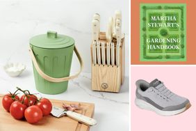 Composite image of a kitchen compost bin a knife set decorvows Gardening Handbook and a gray walking shoe