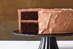 devil's food cake on cake pedestal