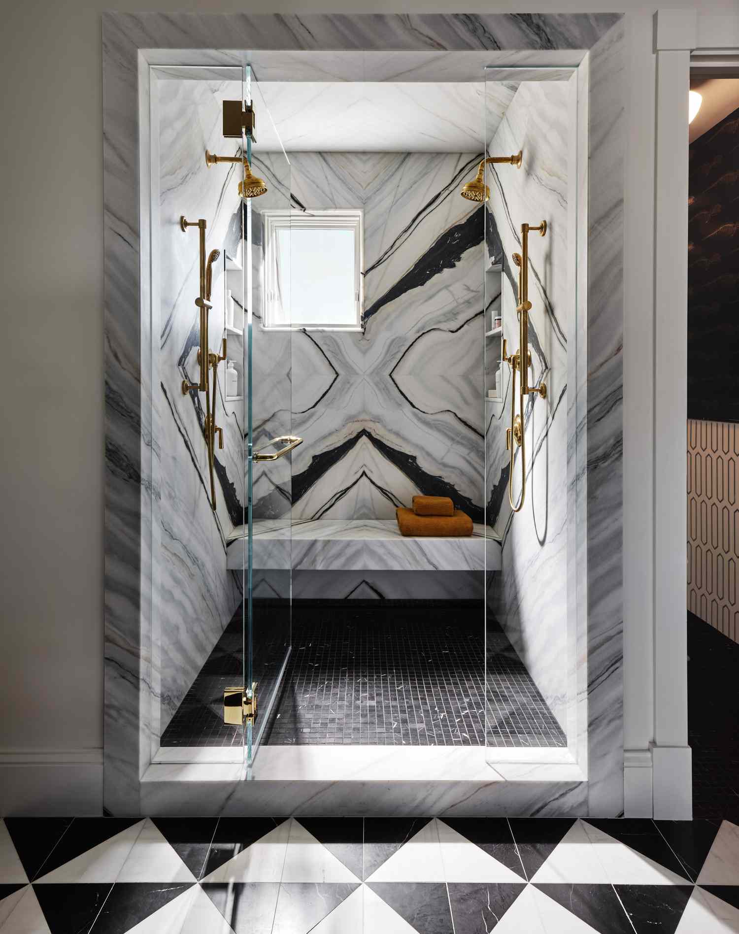 black adn white marble in walk-in shower