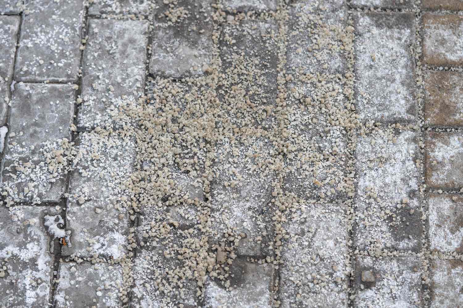Top view of salt on sidewalk, street during winter. Ice treatment, urban maintenance, prevention of slip and fall risks, city safety, icy surface management, winter streetcare, safe pedestrian path
