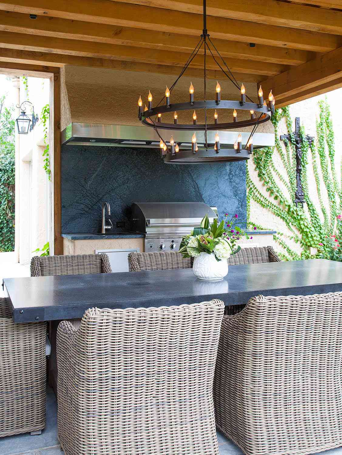 dark blue textured marble backsplash outdoors