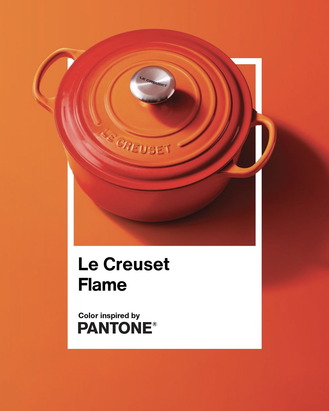 A Le Creuset flamecolored Dutch oven with a Pantone color pairing