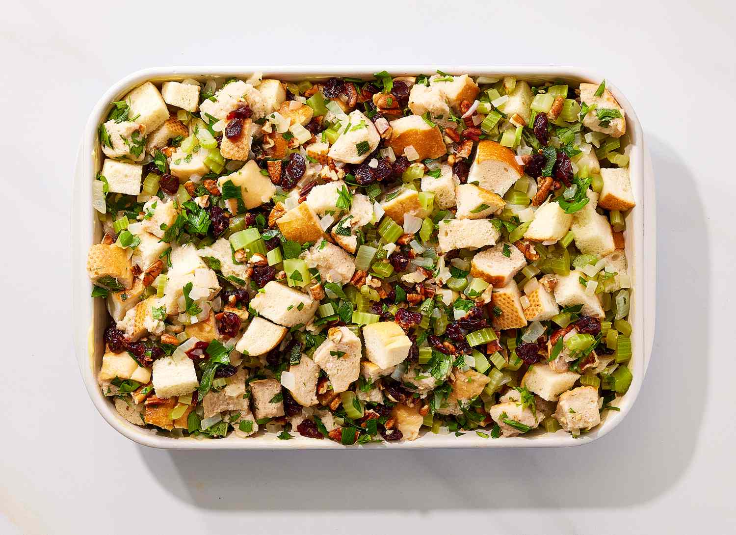 overhead view of stuffing in a casserole dish