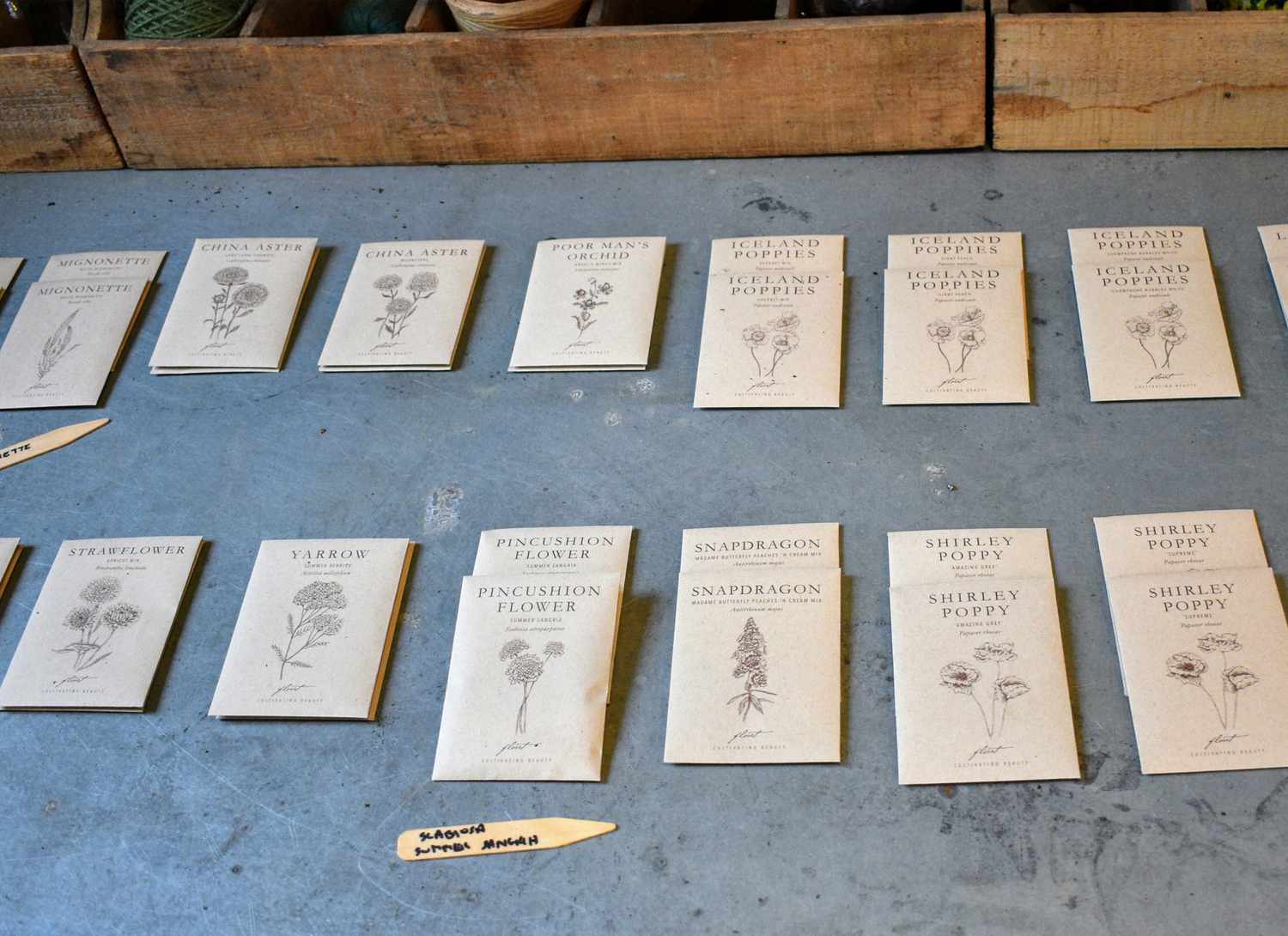 Flower seed packets on a table
