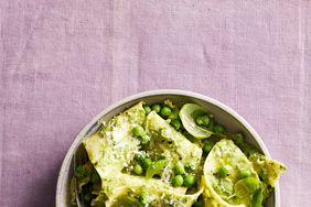 pea pesto handkerchiefs pasta in bowl with spoon