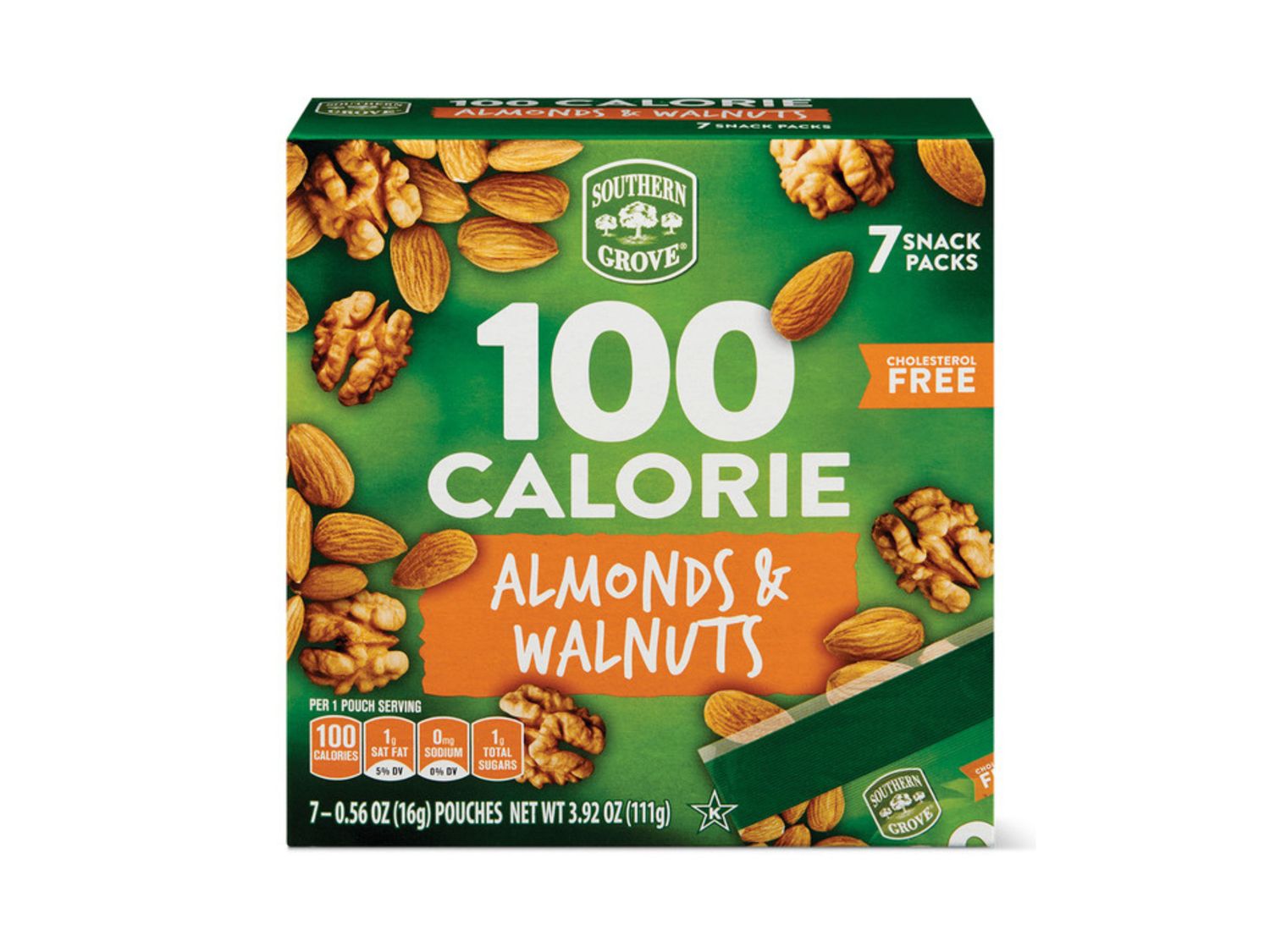 Packaging of Southern Grove 100 calorie almond and walnut snack packs labeled cholesterol free with 7 snack pouches inside