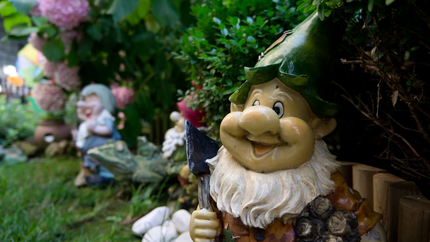 plastic gnomes in green garden