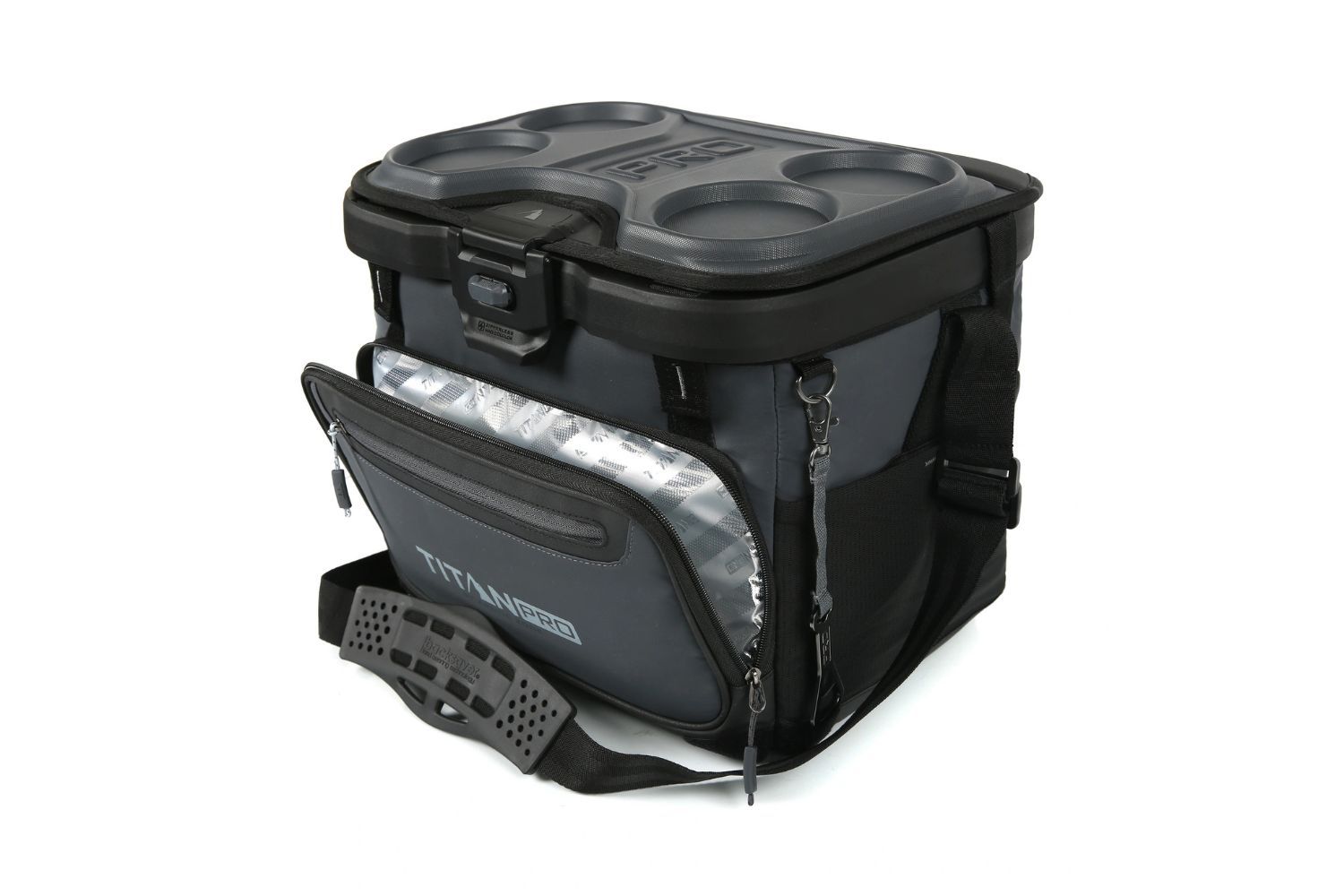 Cooler with multiple cup holders and a front insulated pocket