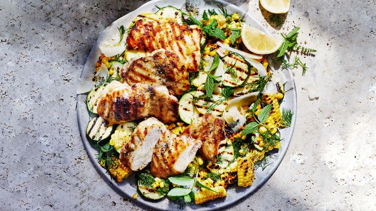Grilled Chicken Thighs with Charred Corn and Summer Squash