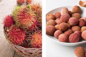 Rambutans in a basket next to lychees in a bowl