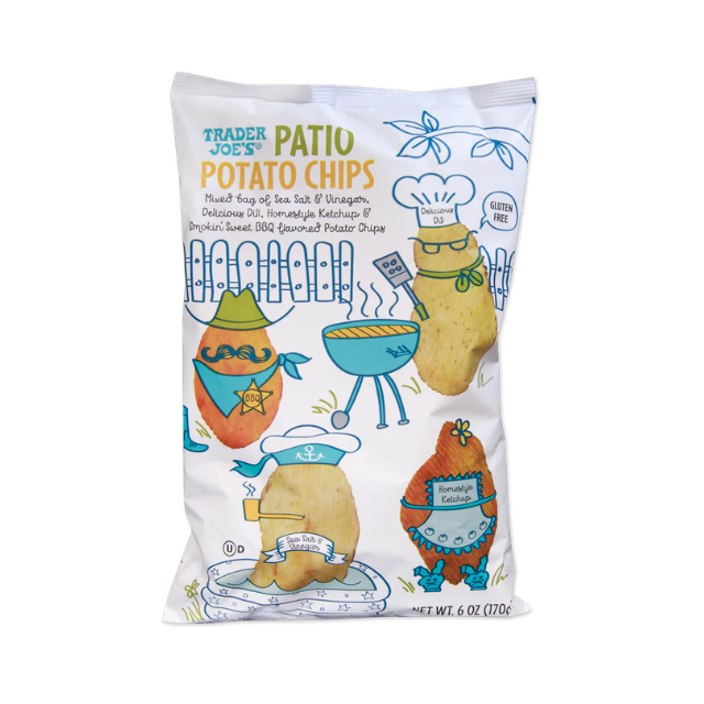 Trader Joes Patio Potato Chips packaging featuring cartoon potato characters in summer activities